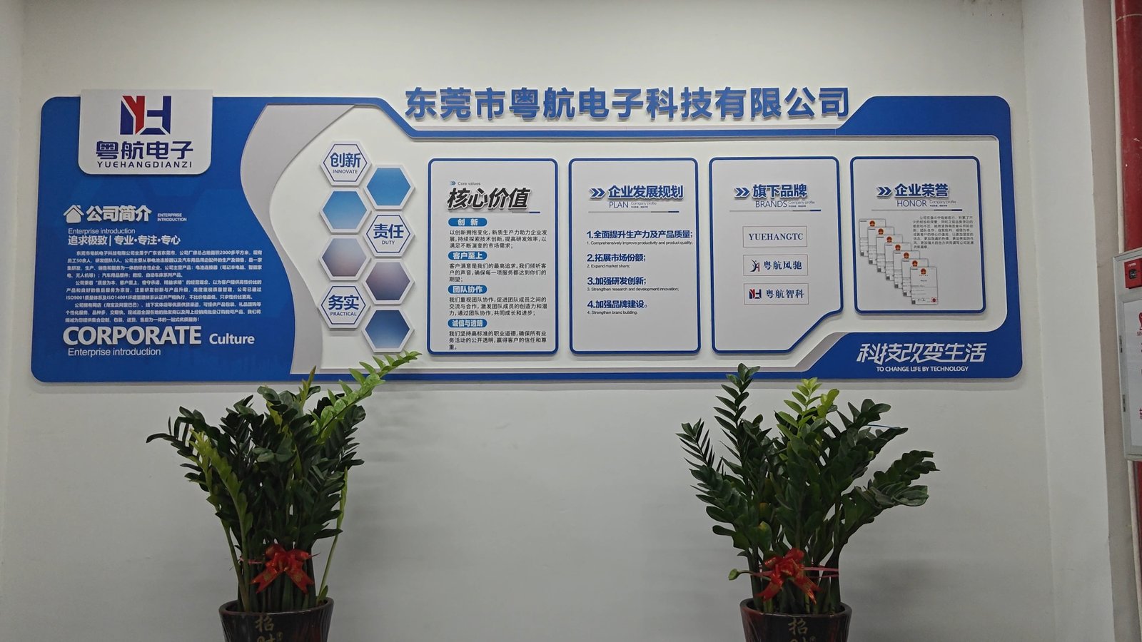 Lobby wall introducing Yuehang, its values, brands and certificates