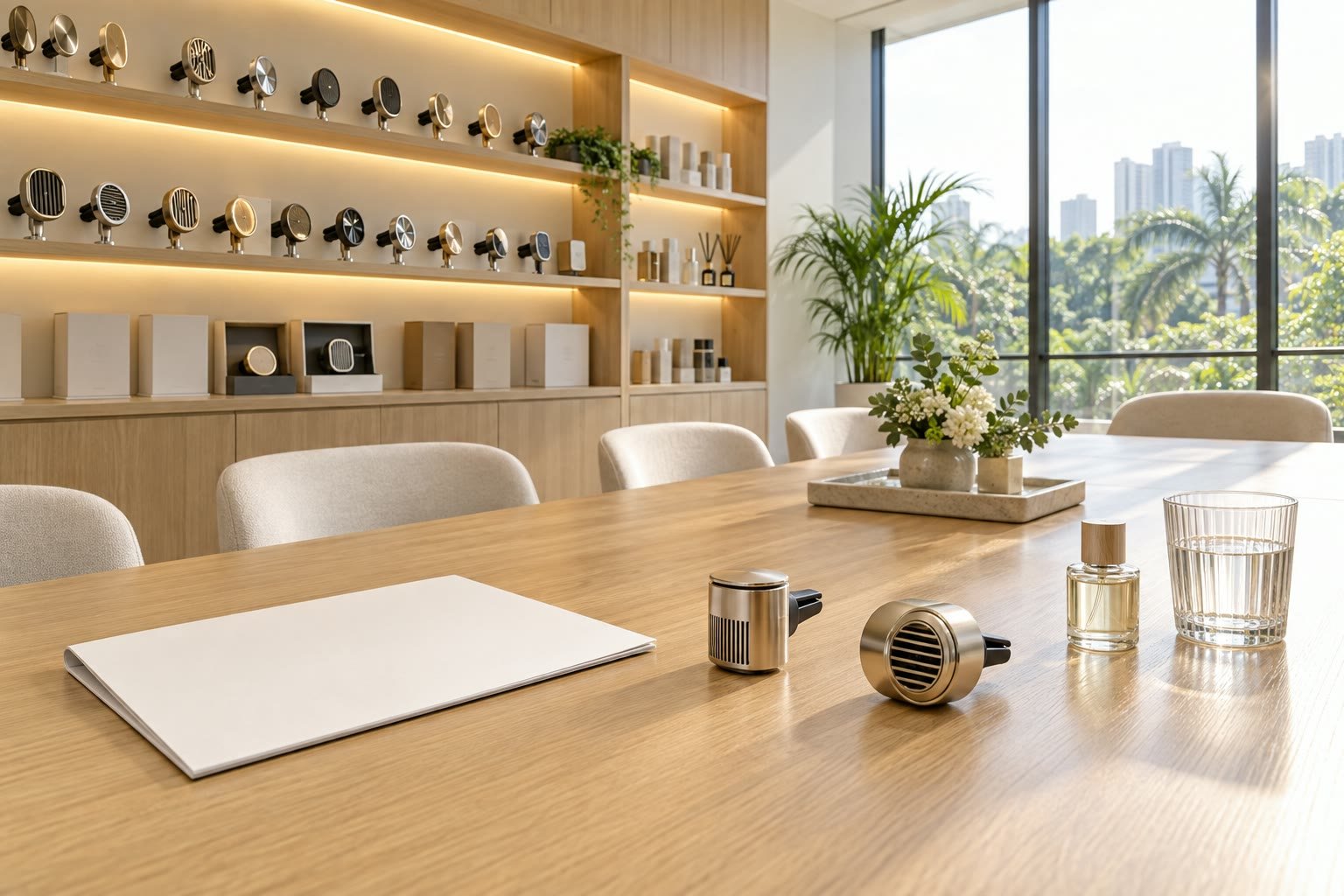 Meeting room at the Yuehang plant set up for a buyer visit, with product shelves behind