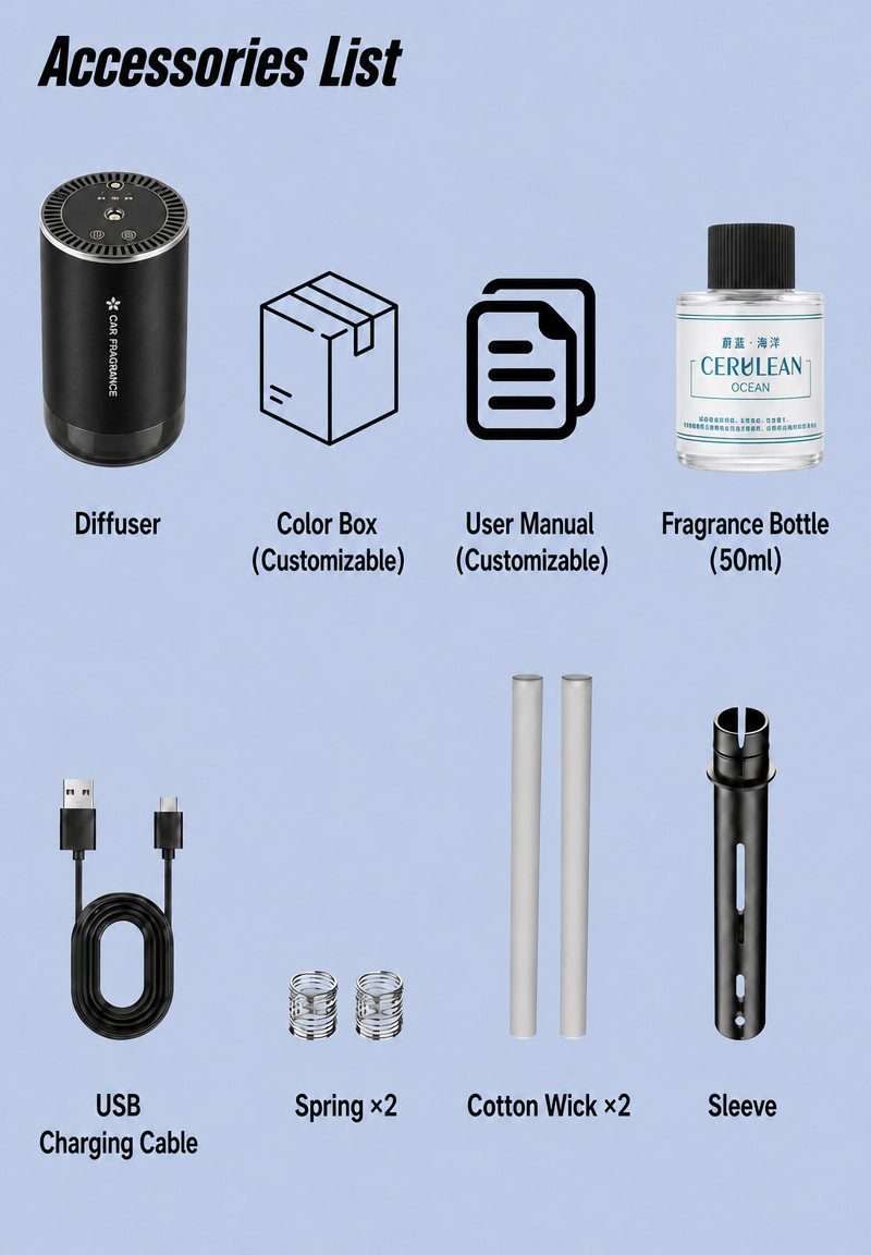 JK-577 tri-mode cabin diffuser, accessories list: diffuser, color box, user manual, 50 ml fragrance bottle, USB charging cable, springs and cotton wicks