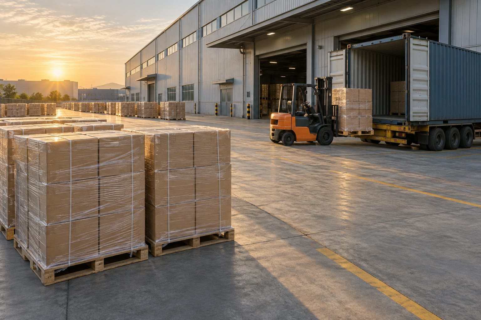 Export loading dock with palletised cartons and a container at the bay
