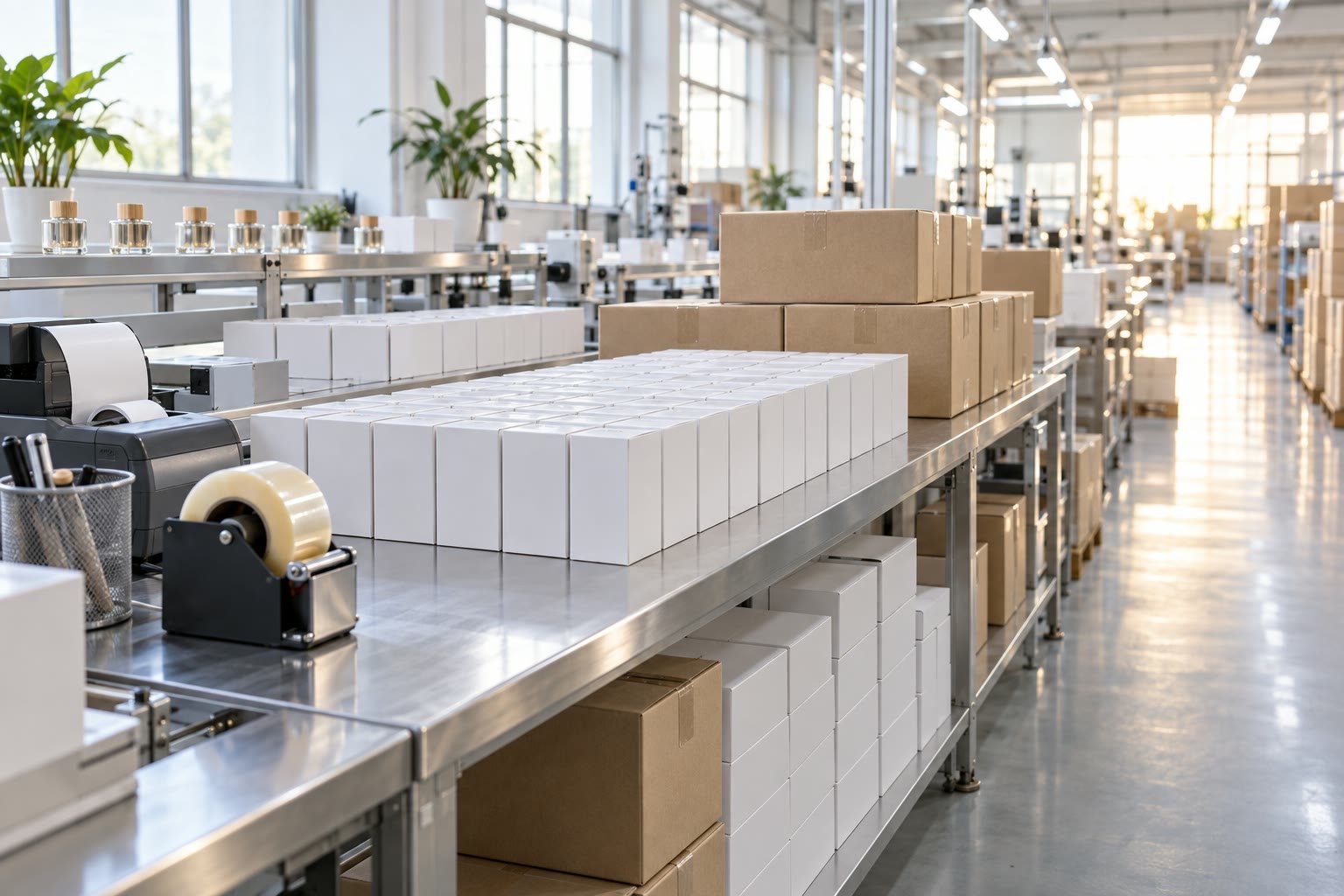 Packing line with plain retail boxes and kraft master cartons ready for private-label packing