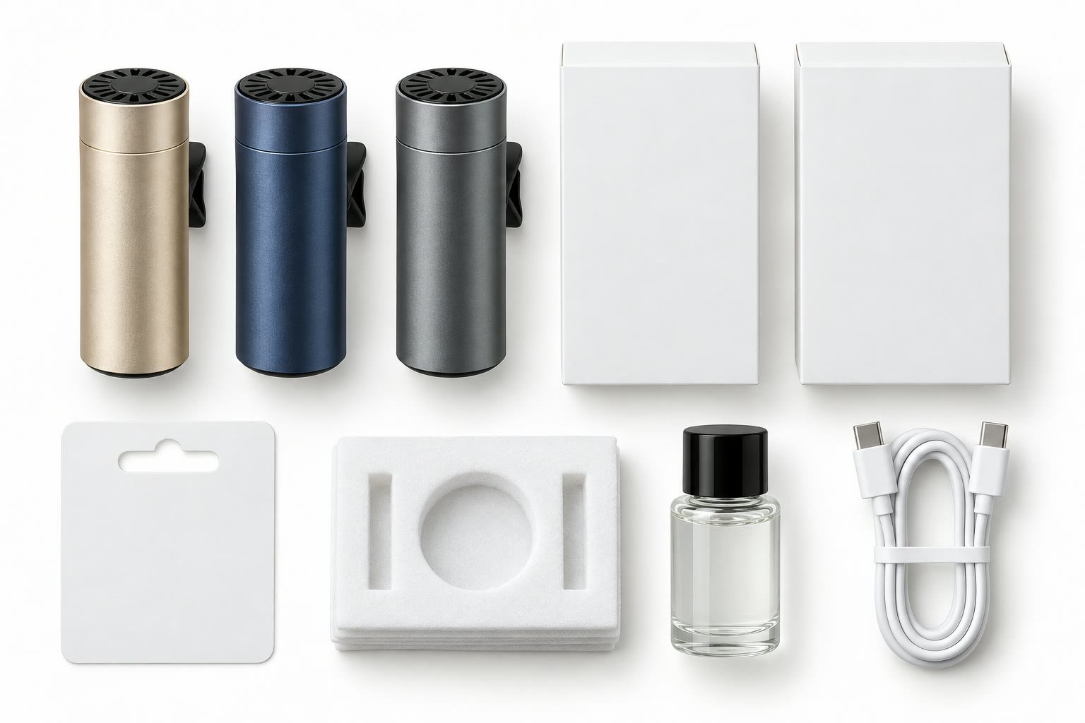 Development sample kit with unbranded diffusers, blank retail boxes, refill bottle and USB cable