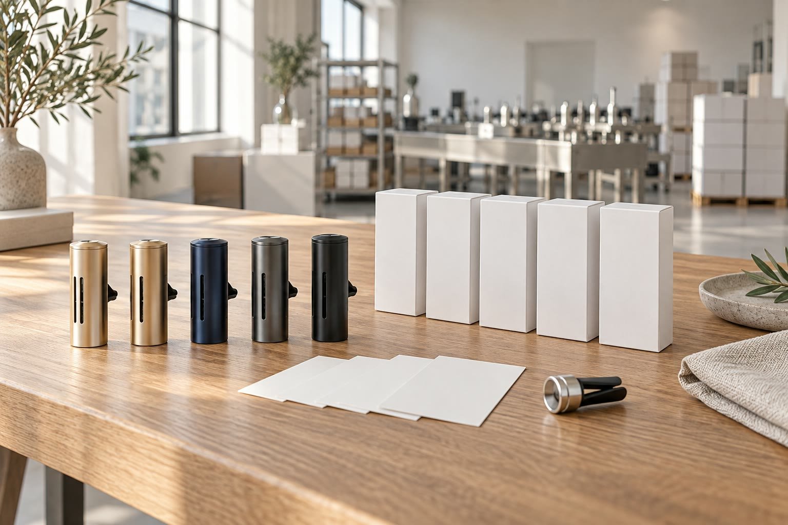 Unbranded private-label samples and blank retail boxes on a sampling table