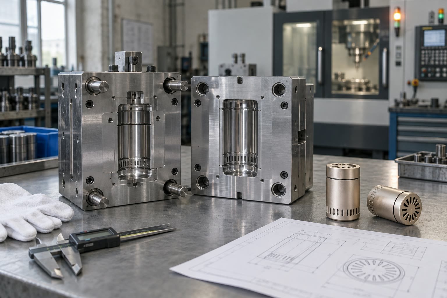 Injection mold for a car aroma diffuser on a tooling workbench with first-article samples