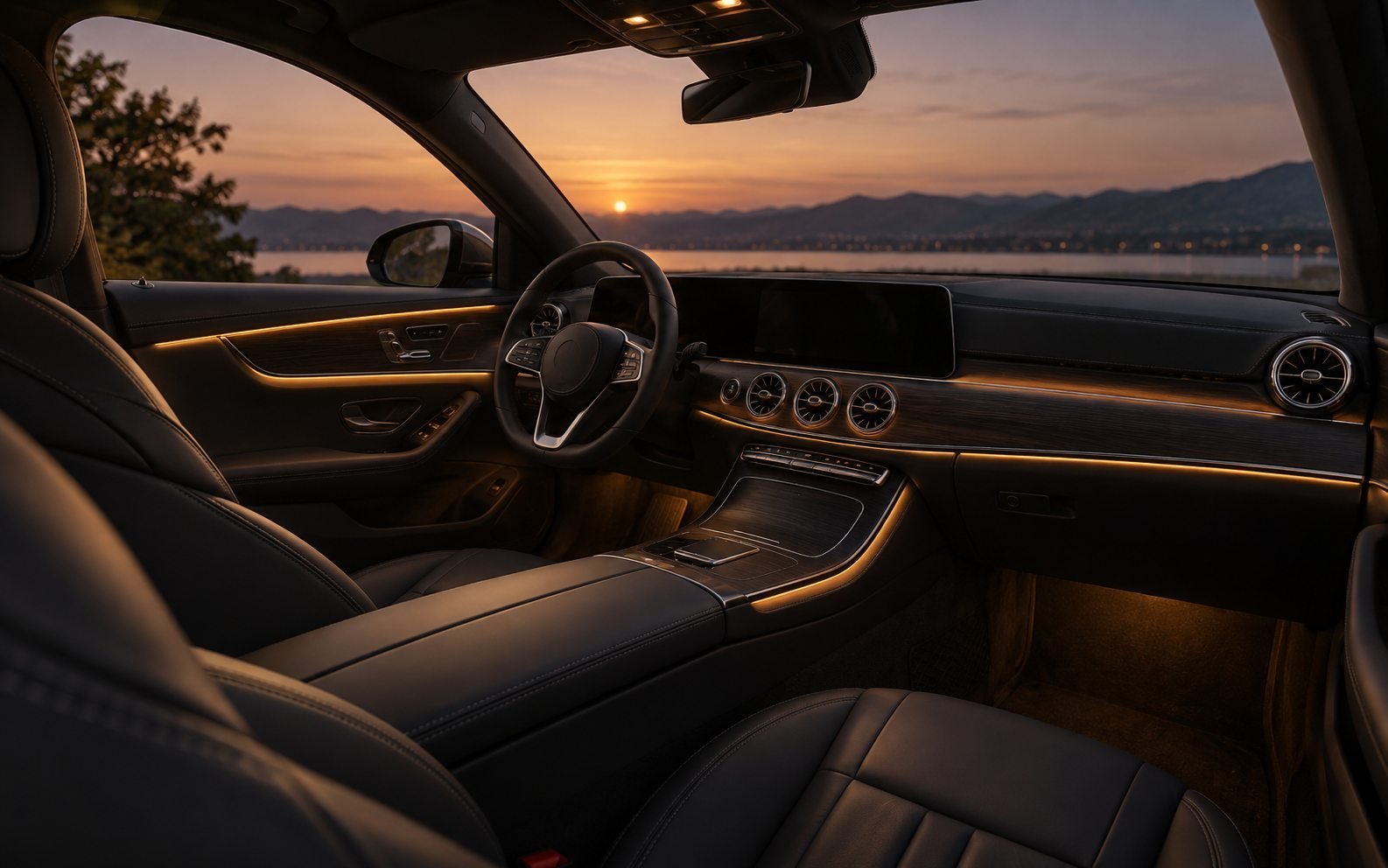 Empty luxury cabin at dusk, warm interior light