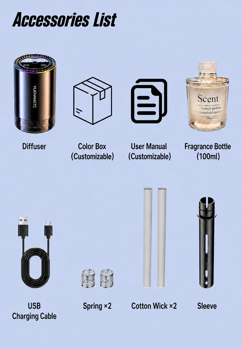 YH556B RGB cabin diffuser, accessories list: diffuser, color box, user manual, 100 ml fragrance bottle, USB charging cable, springs and cotton wicks