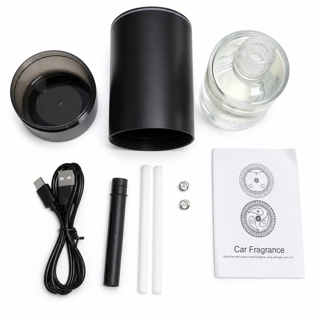 YH557 glass-bottle cabin diffuser set: glass fragrance bottle, USB cable, cotton wicks and springs