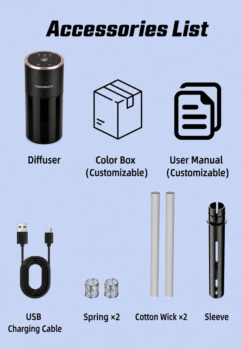 YH560S rose-gold cabin diffuser, accessories list: diffuser, color box, user manual, USB charging cable, springs and cotton wicks